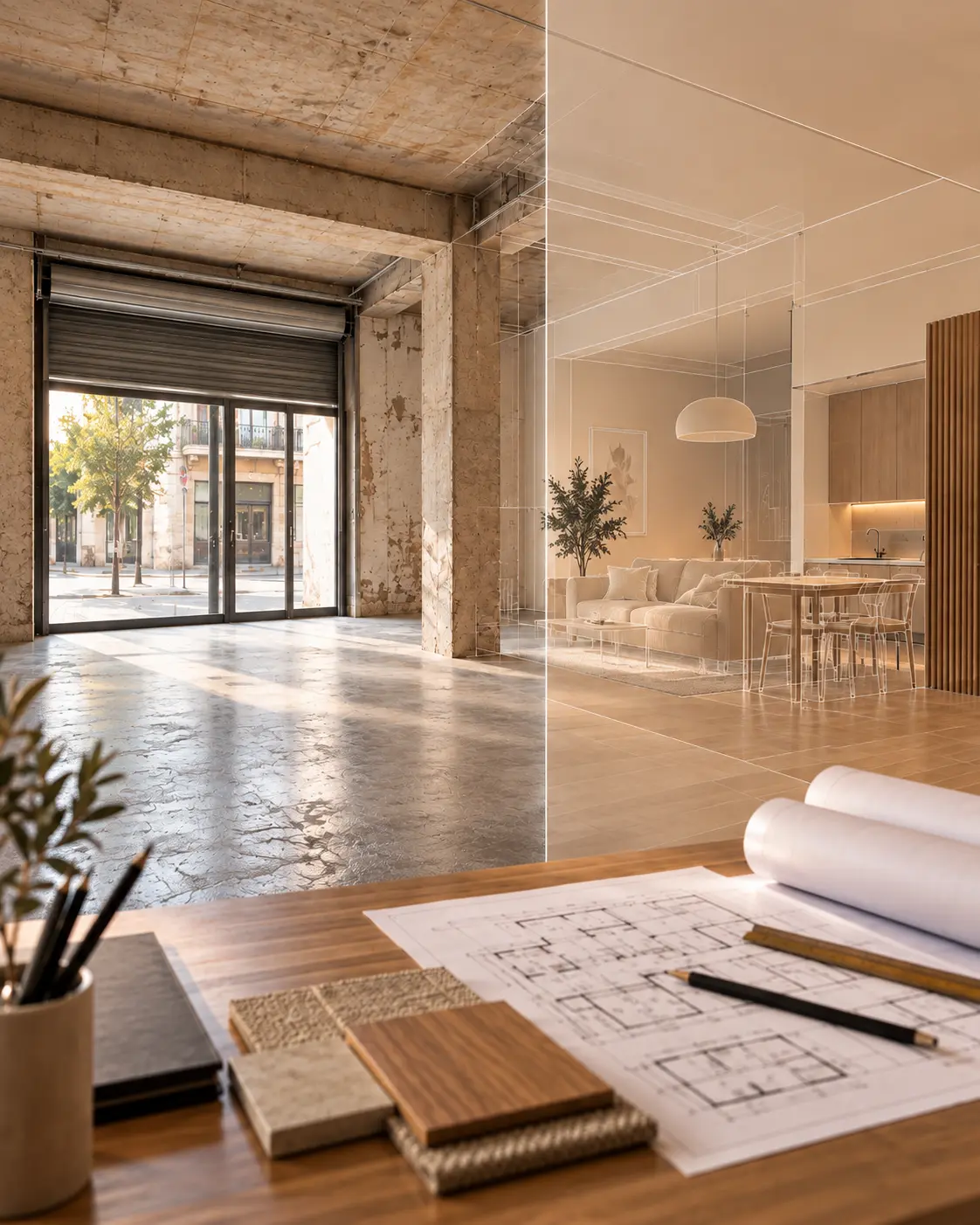 Local comercial antes y despues: a la izquierda el local con persiana y suelo sin tratar, a la derecha la vivienda terminada con salon, cocina y comedor