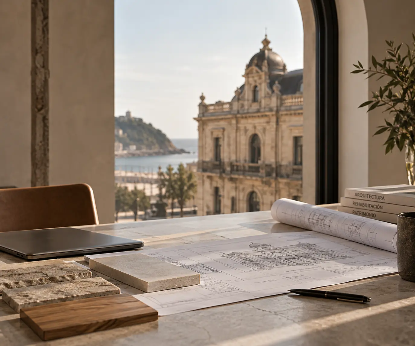 Mesa de trabajo con planos y muestras de material frente a un ventanal con vistas a un edificio historico