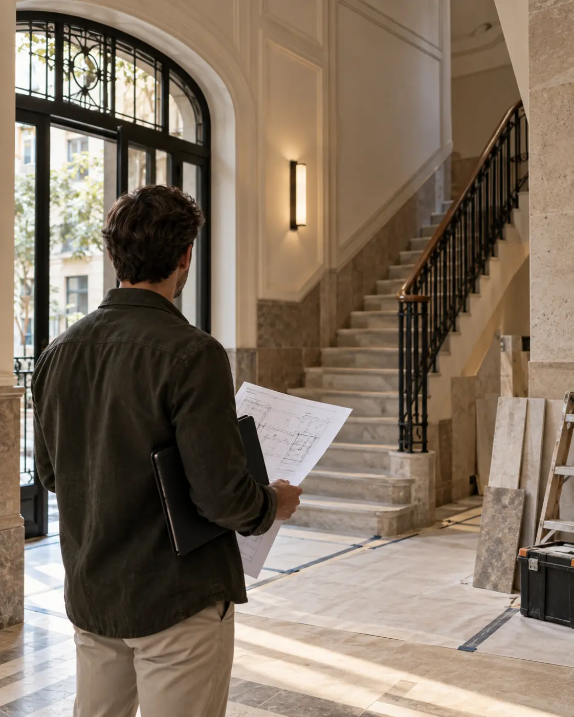 Tecnico de espaldas revisando un plano en el portal de un edificio en rehabilitacion