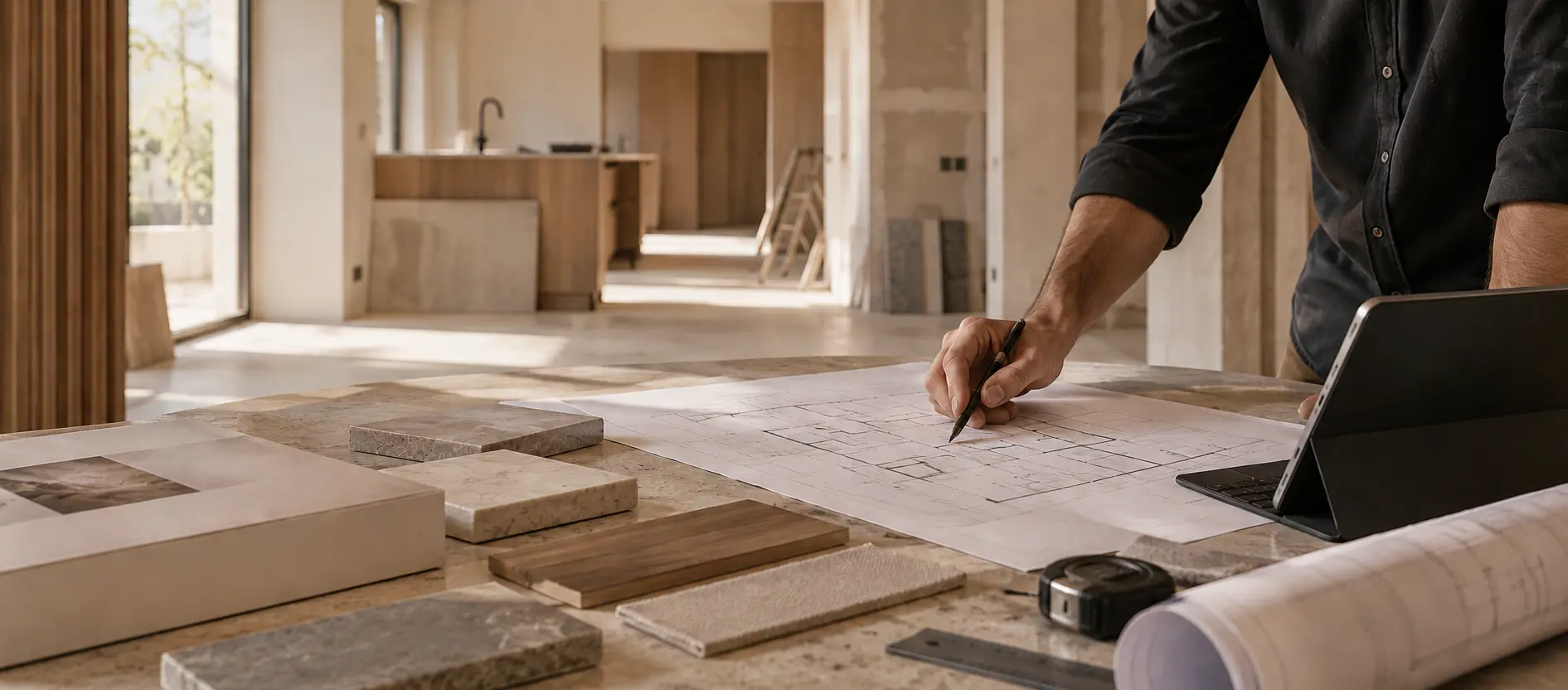 Persona anotando sobre un plano en obra, junto a muestras de pavimento y una cocina al fondo