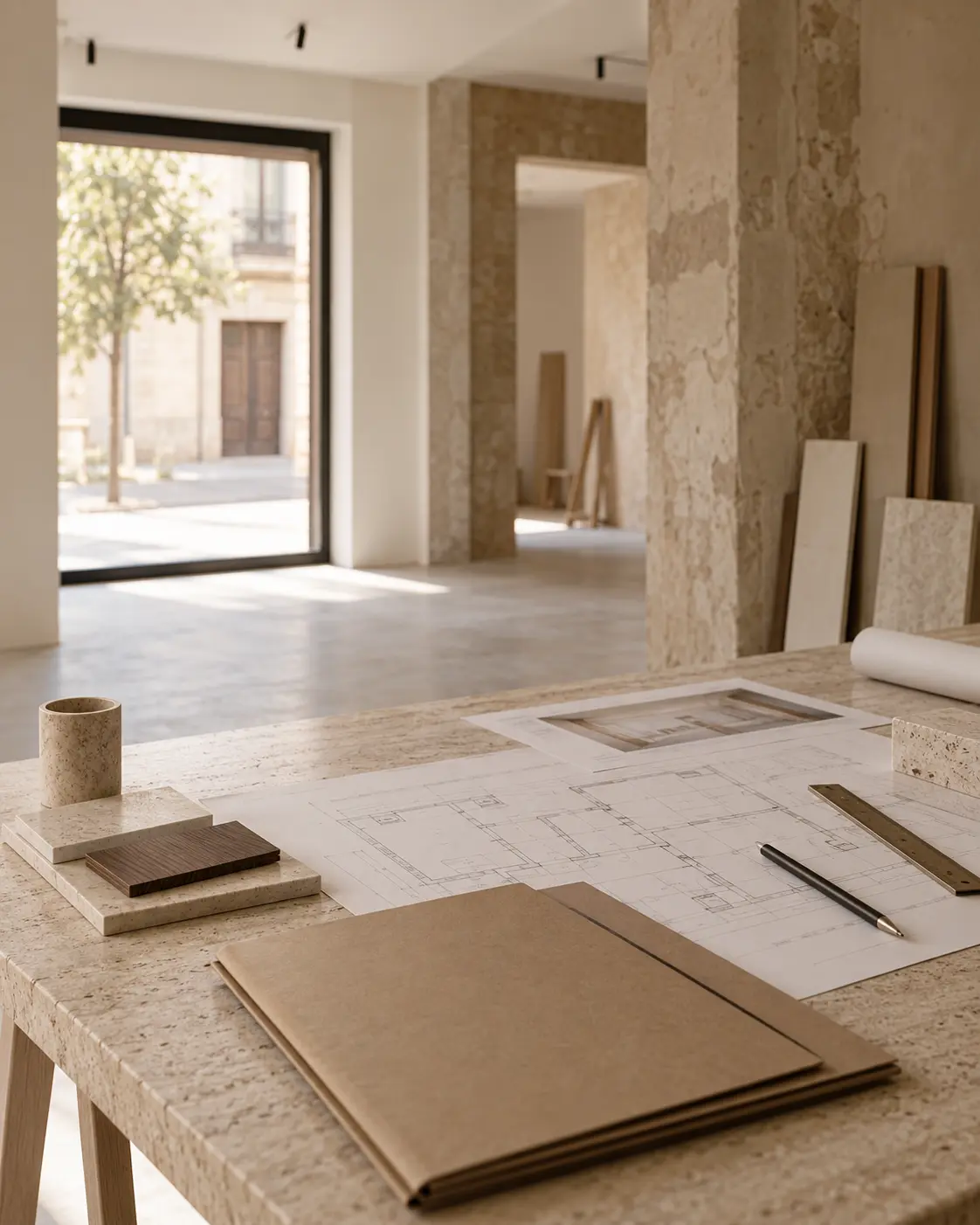 Local comercial vacio en obra, con planos sobre un caballete y muestras de material
