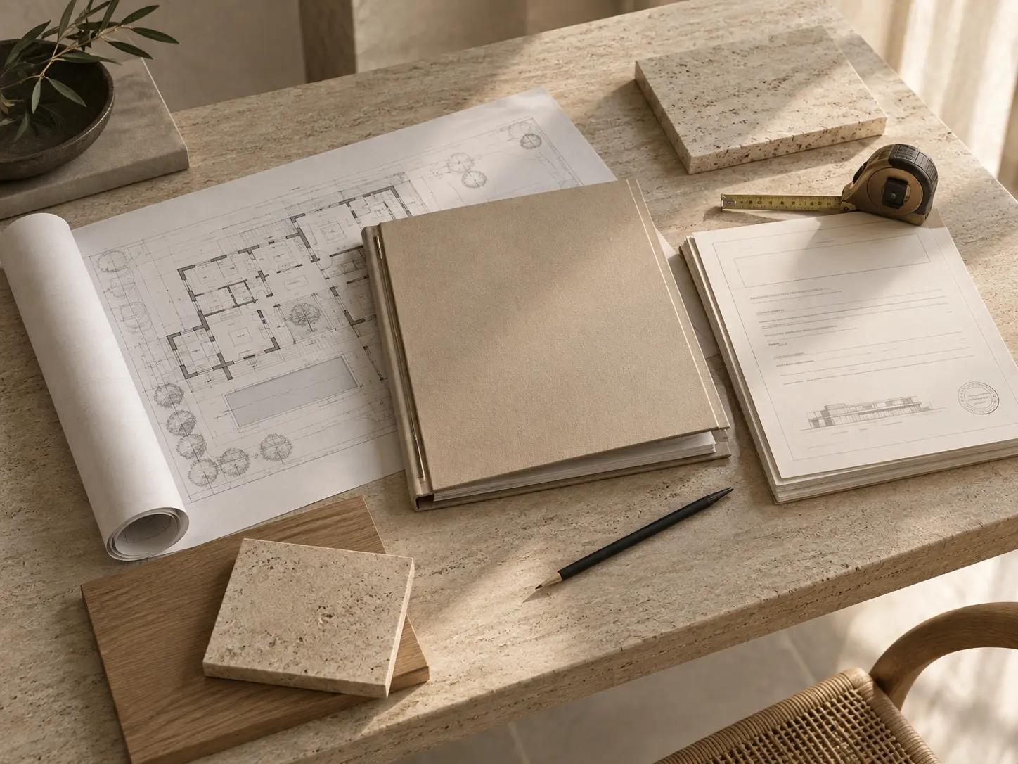 Mesa de trabajo con planos desplegados, una carpeta de proyecto, muestras de material, un metro y documentacion de licencia