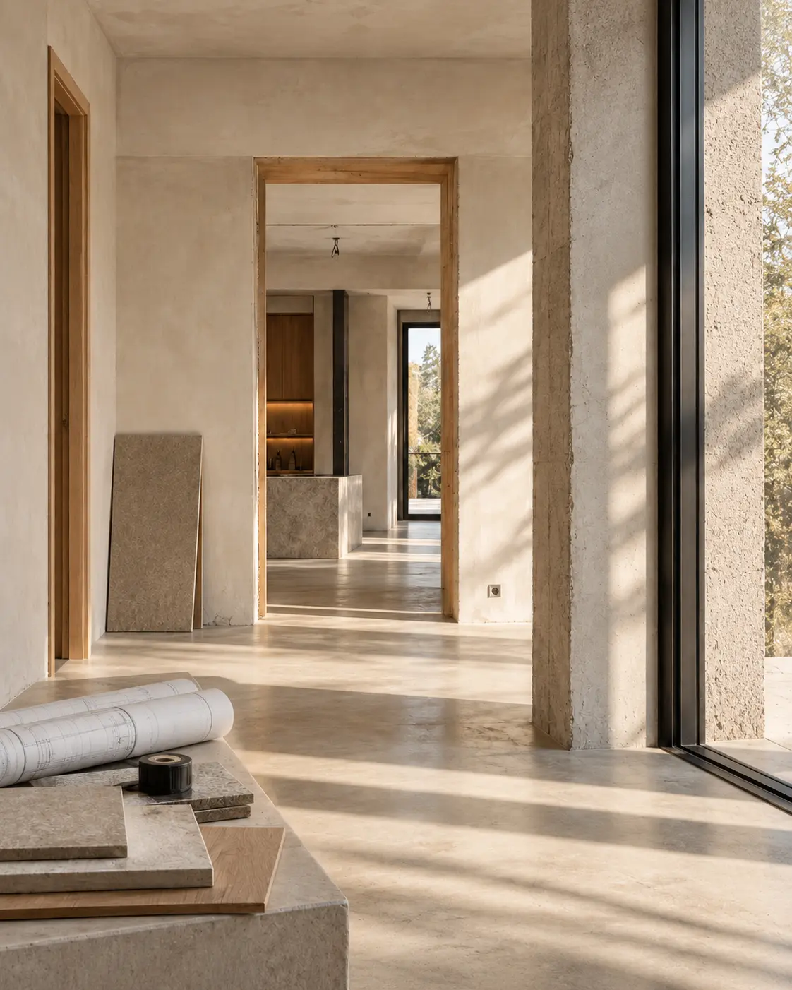 Pasillo de una vivienda en obra con planos enrollados y muestras de material en primer plano