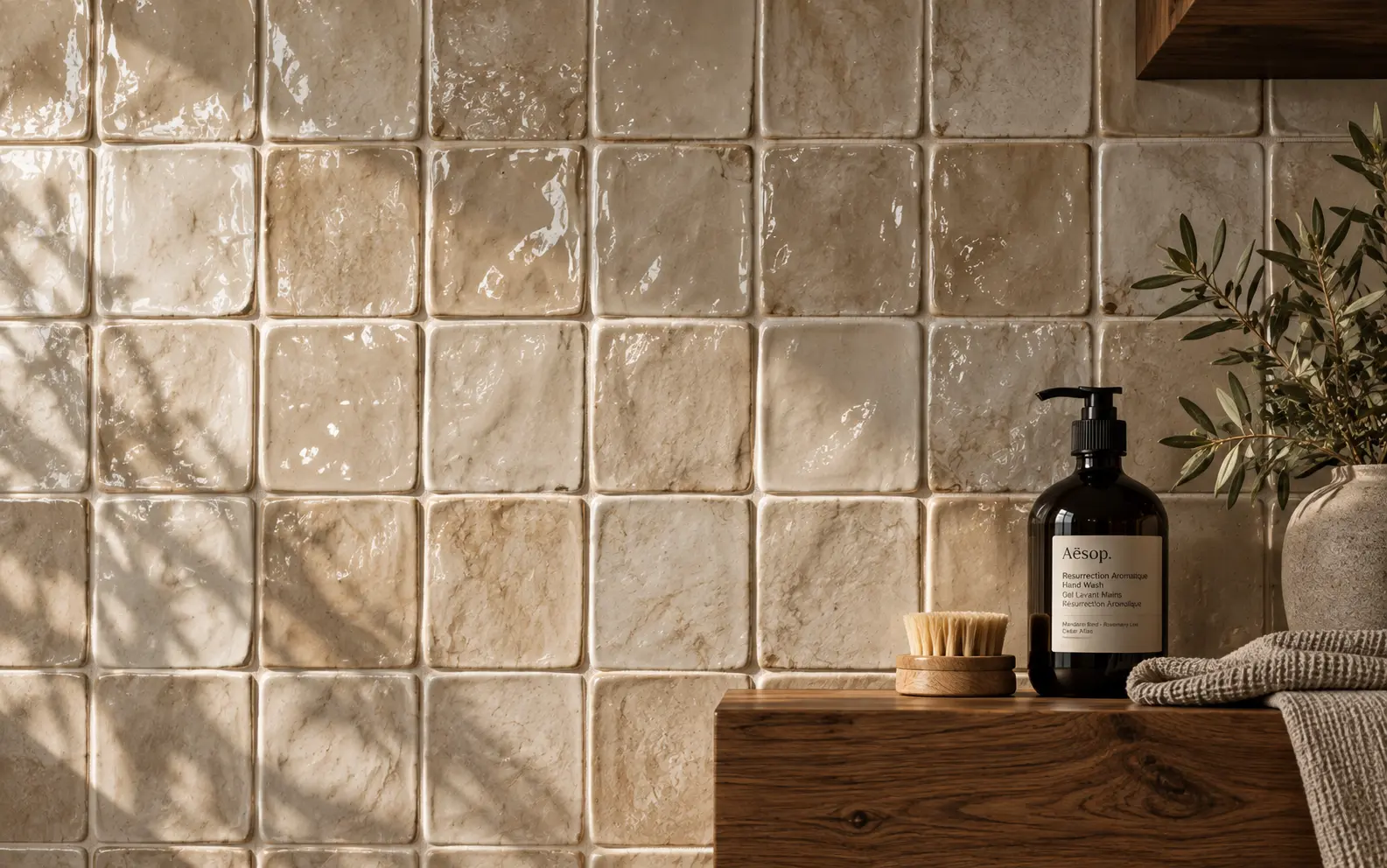 Alicatado de azulejo artesanal en tono crema junto a una encimera de madera