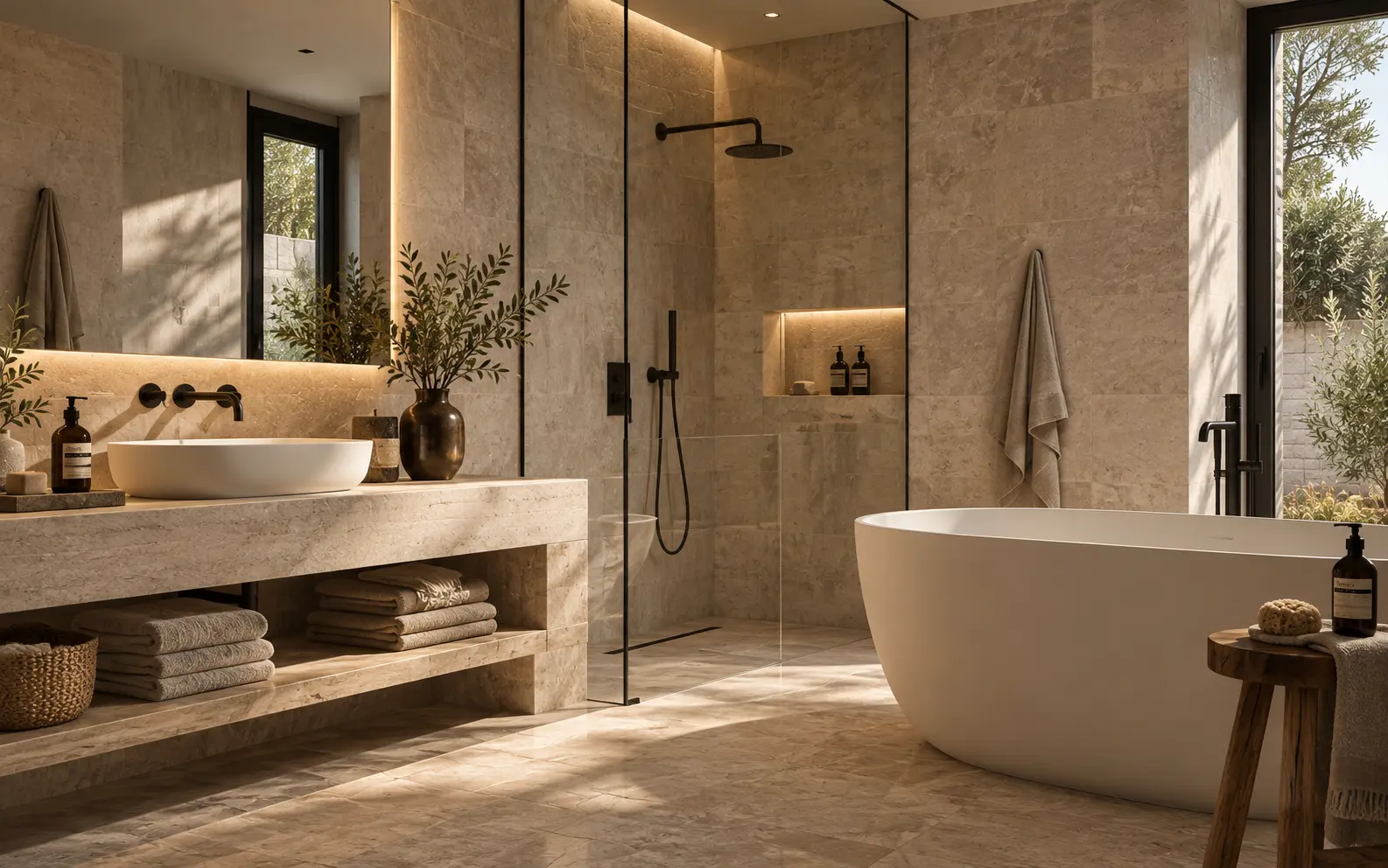 Bano principal reformado con banera exenta, ducha de obra con mampara y mueble de piedra