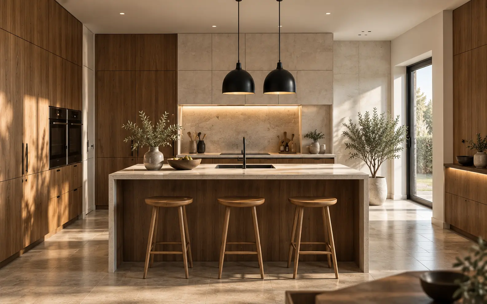 Cocina reformada con isla, frentes de madera y lamparas colgantes sobre la encimera