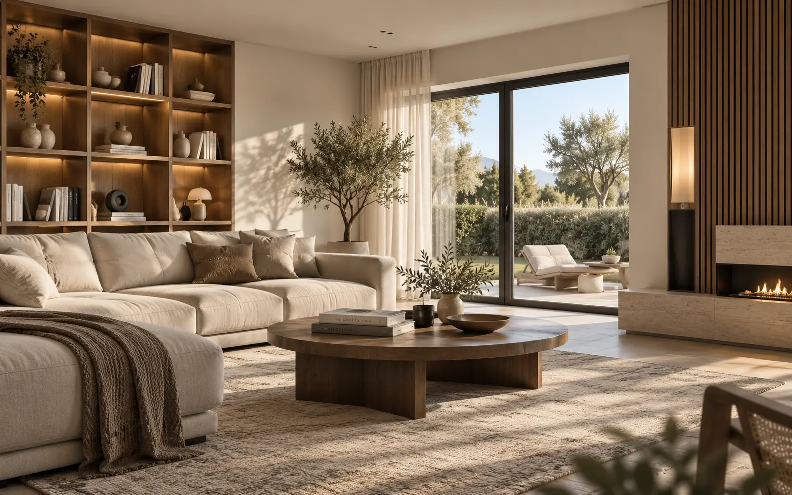 Salon reformado con estanteria de madera a medida, chimenea y ventanal al jardin