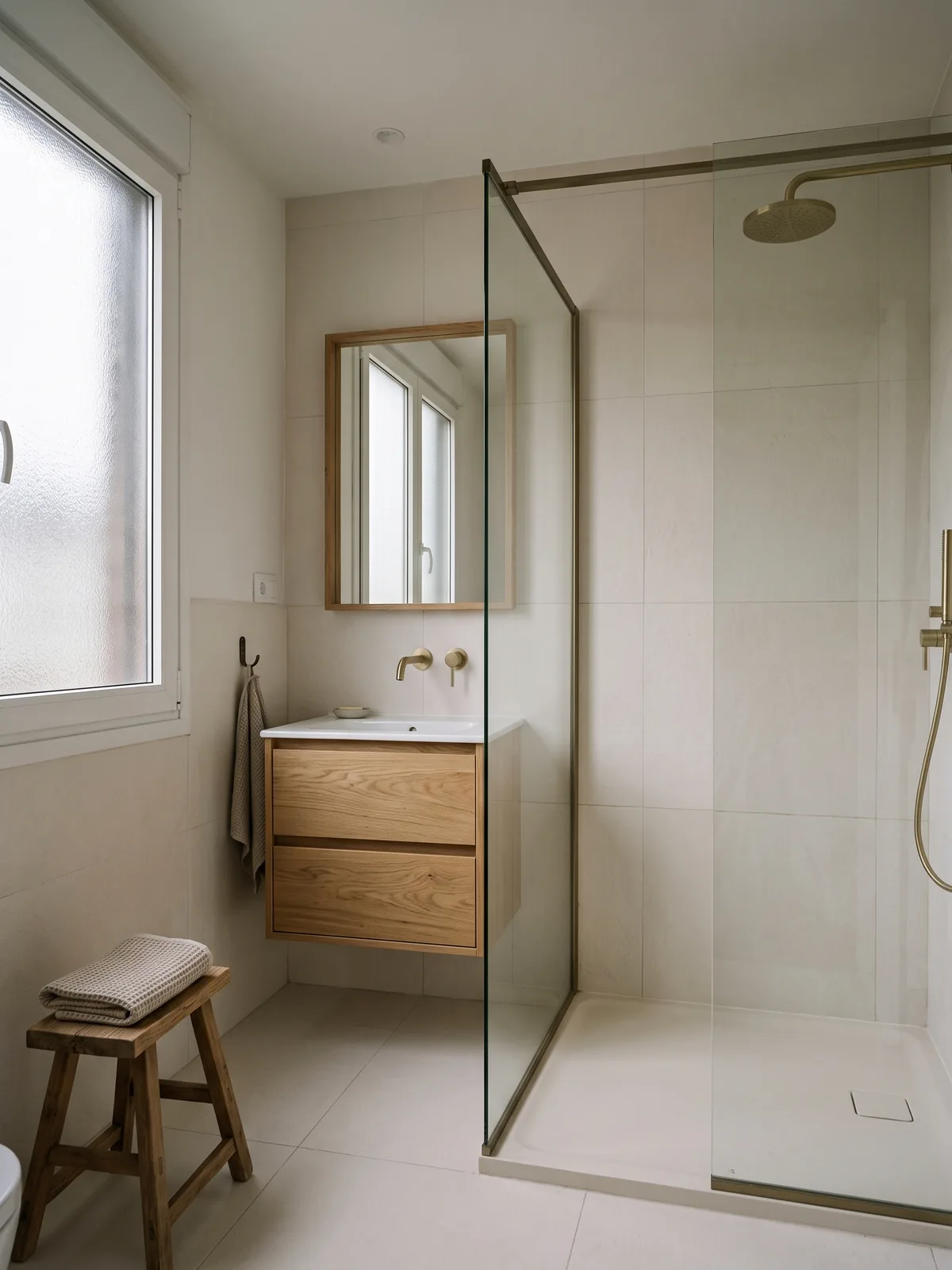 Baño reformado con ducha de obra, mampara de vidrio y mueble de roble