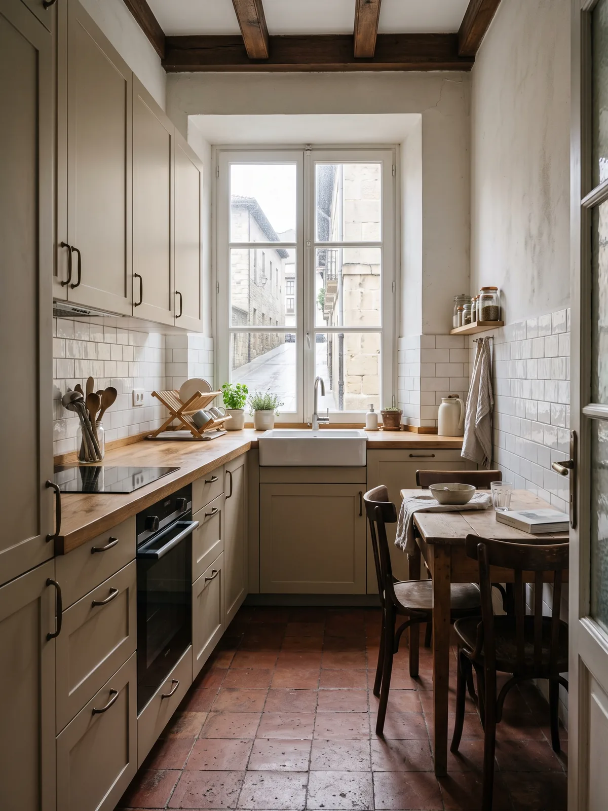 Cocina reformada con frentes mate, encimera de roble y alicatado blanco junto a la ventana