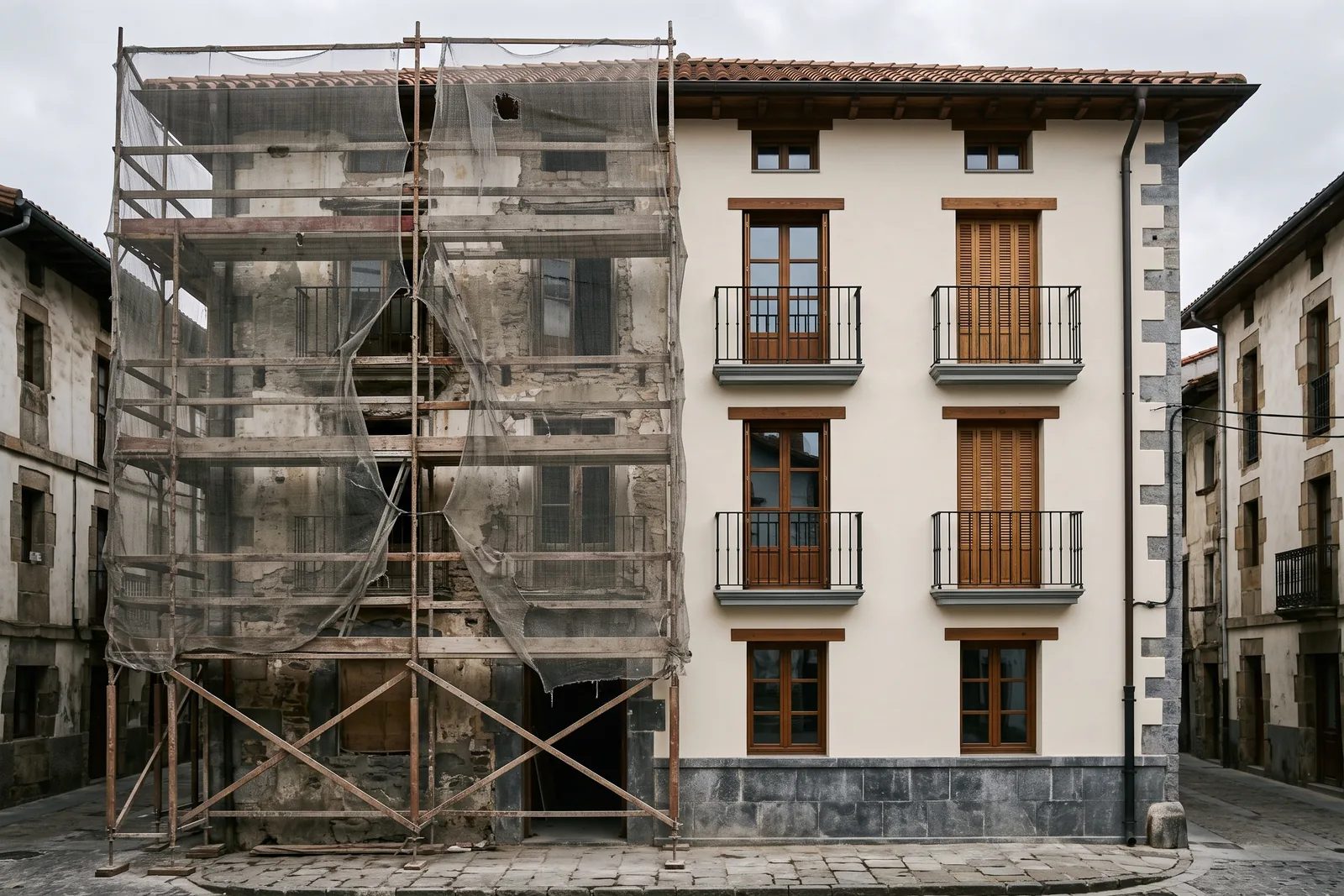Fachada de un edificio de viviendas a medio rehabilitar, con andamio y el revestimiento ya renovado