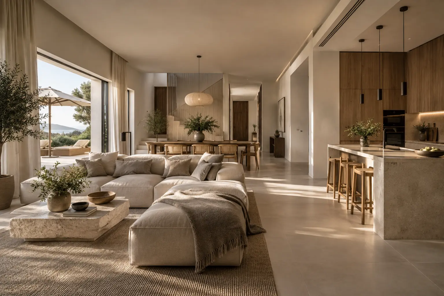 Salon y cocina en planta abierta tras una reforma integral, con vistas al mar