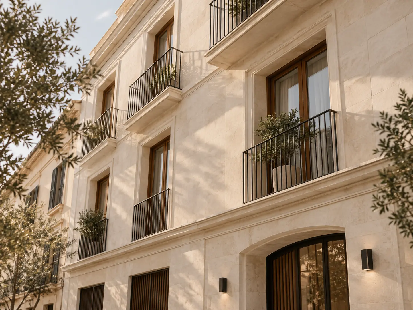 Fachada de piedra clara rehabilitada, con balcones de forja y carpinteria nueva