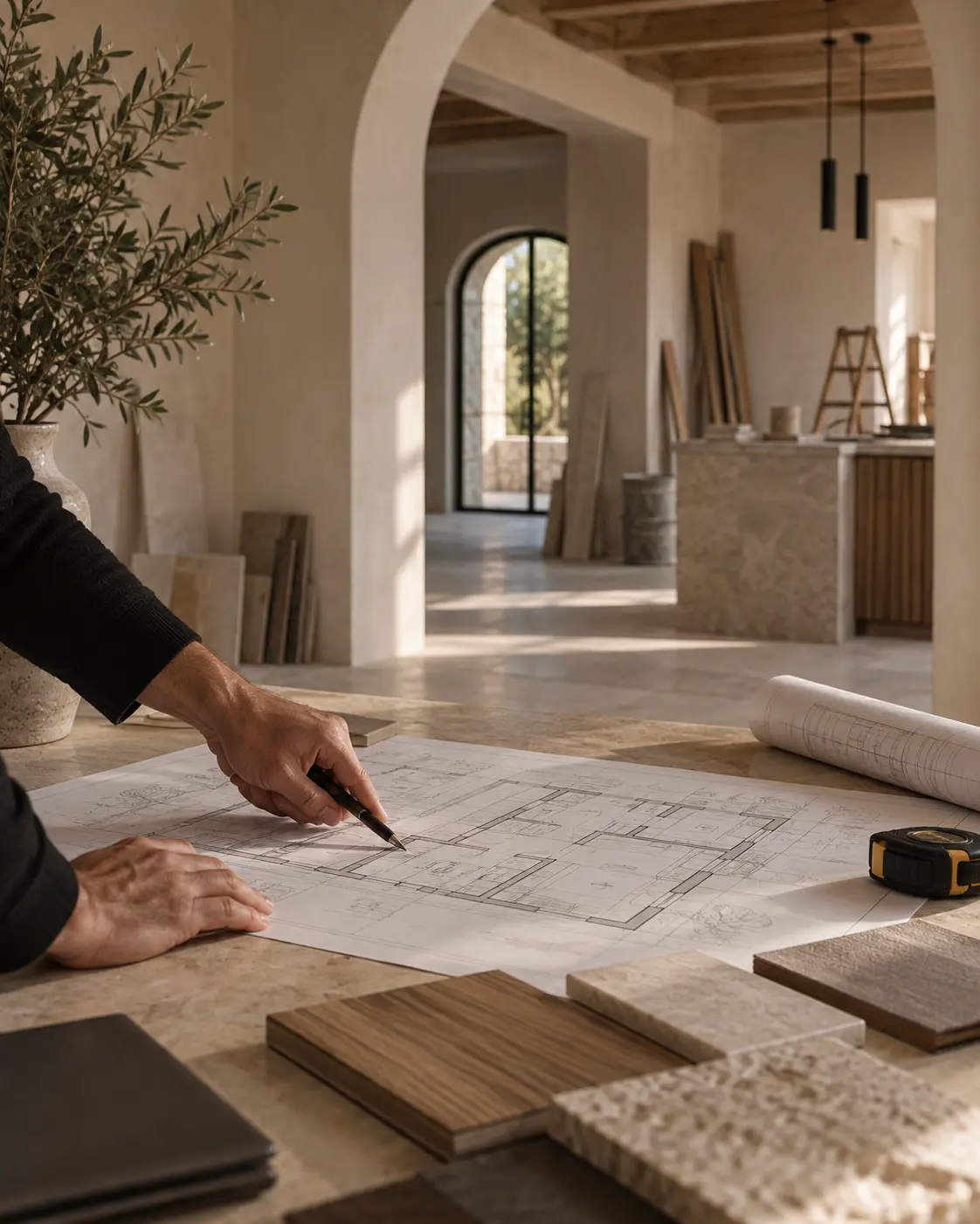 Mesa de trabajo con planos, muestras de material y un metro, en una vivienda en obra con arcos y techo de vigas de madera