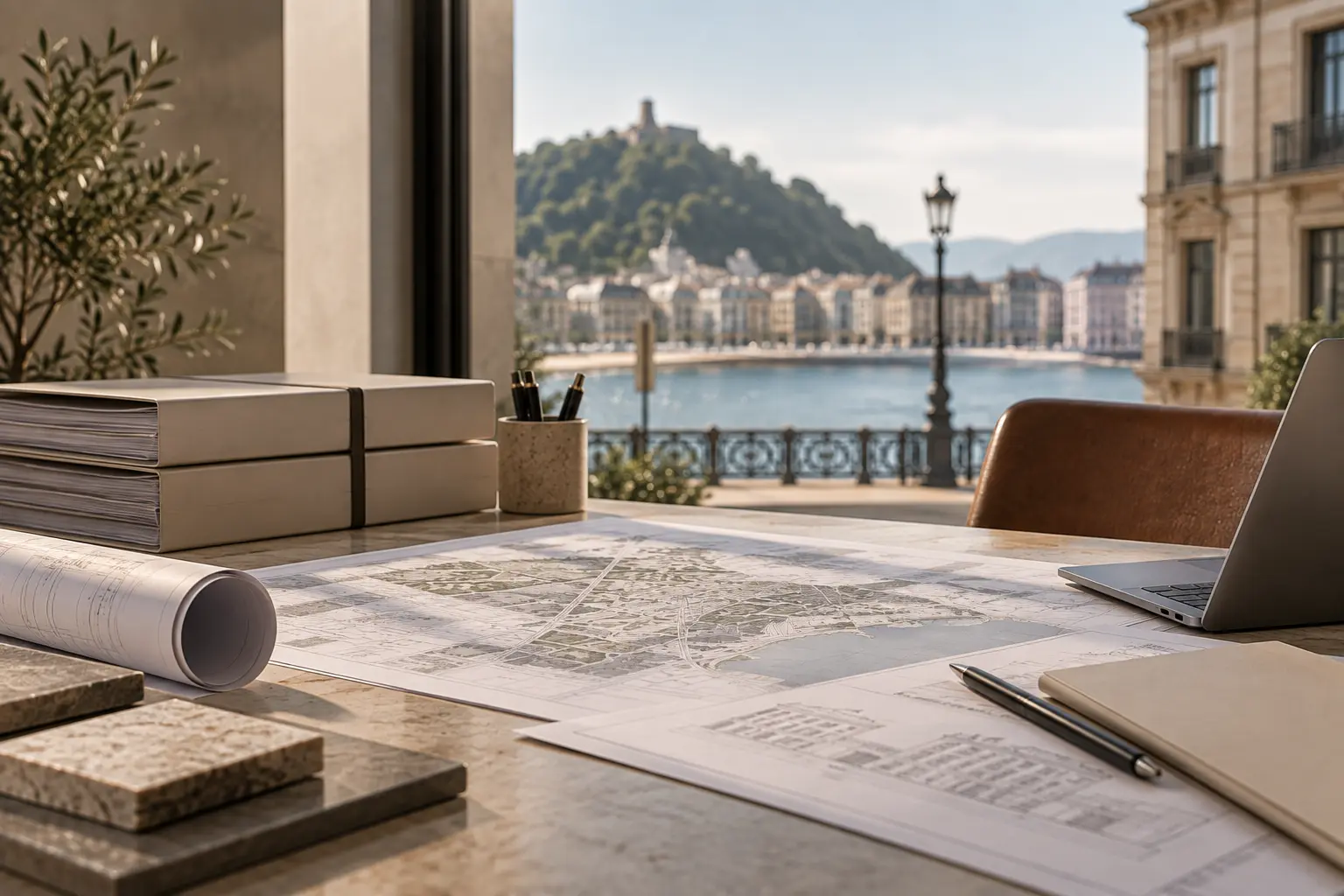 Planos, muestras de material y portatil sobre una mesa frente a un balcon con vistas a la bahia