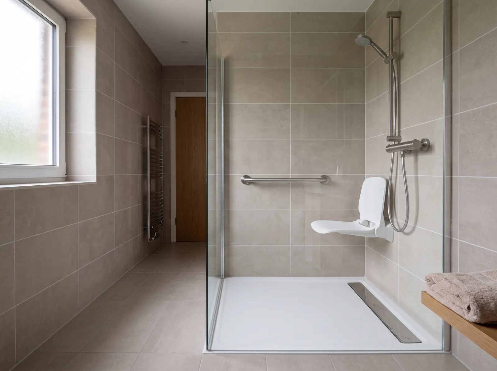 Ducha accesible con plato a ras de suelo, asiento abatible blanco, asidero de acero y grifo termostático
